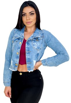 Jaqueta Jeans Curta Cropped Destroyed - EWF Jeans - Azul Cl