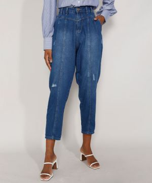 Calça Jeans Feminina Cintura Alta Sawary Baggy com Recortes
