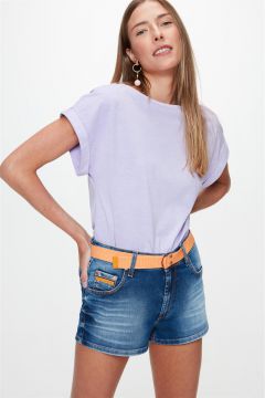 Short Jeans Médio Curto Justo Com Cinto - Damyller