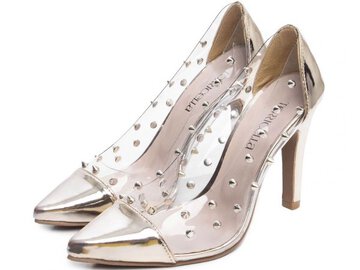 Sapato Feminino Scarpin Salto Fino Dourado Transparente com Spikes Torricella