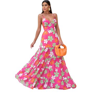Vestido Longo de Alcinha Madrinha de Casamento Festa Tecido Premium Praia Decote nas Costas Floral Florido Estampado Rosa