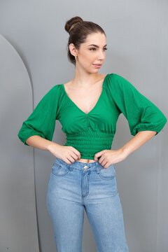 Blusa Ciganinha de Viscose Sisal Jeans Detalhe Lastex Verde