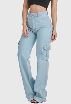 Calça Jeans HNO Jeans Wide Leg Cargo Hot Pant Bolso Lateral Azul Claro