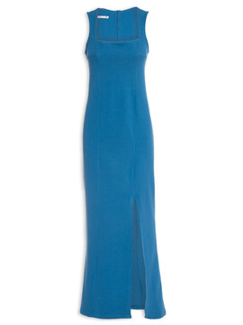 Vestido Feminino Longo Malha Decote Quadrado - Azul