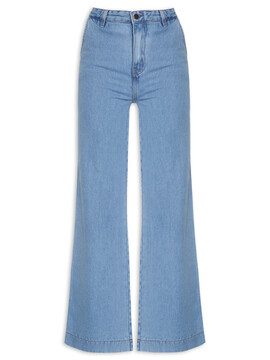 Calça Wide Leg Jeans com Brilho Laterais Azul