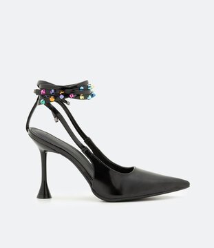Sapato Scarpin com Amarração e Spikes Metalizados Coloridos Preto