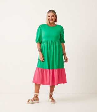 Vestido Midi em Algodão com Babado Contrastante Curve & Plus Size Verde
