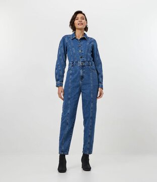 Macacão Longo Jeans com Recortes Azul