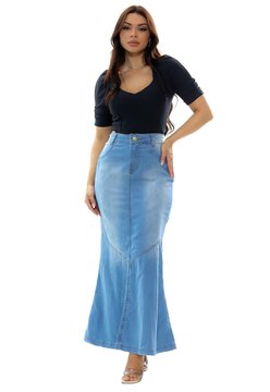 Saia Longa Jeans Estilo Sereia - Azul Claro - 36 ao 52