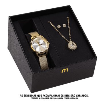 Kit Relógio Feminino Mondaine Dourado com Colar e Brincos Dourado