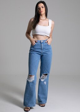 Calça Wide Leg Jeans com Botões no Cós Curve & Plus Size Azul