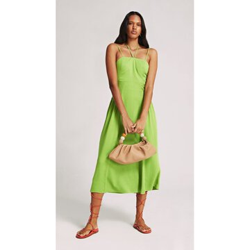 Vestido Morena Rosa Midi Decote Quadrado Amarracao Costas Verde
