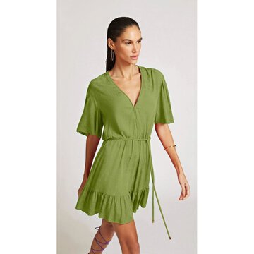 Vestido Morena Rosa Curto Decote V Com Cinto Verde