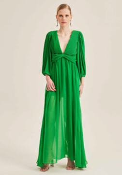 vestido verde lança perfume longo plissado