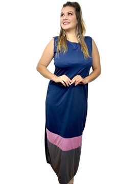 Vestido Liage Longo Sem Manga Plus Size Fenda Cinza Rosa Azul Marinho