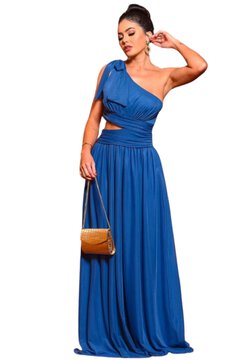Vestido Longo de Festa Premium Denise Azul Micro Tule para Madrinhas, Formandas e Convidadas