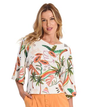 Blusa Canelada Transpassada Floral Mini - - Damyller