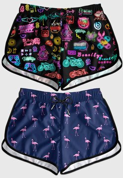 Kit 2 Shorts Feminino Praia Bermuda Feminina Benellys Flamingo Vintage Neon