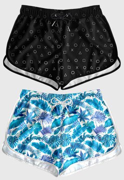 Kit 2 Shorts Feminino Praia Bermuda Feminina Benellys Jogo Play Florido Azul