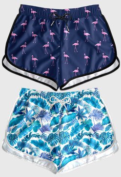 Kit 2 Shorts Feminino Praia Bermuda Feminina Benellys Flamingo Florido Azul