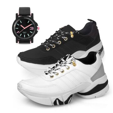 Kit 2 Tênis Chunky Feminino Ousy Shoes Sneaker Recortes Nobuck Preto e Branco Presente Relógio