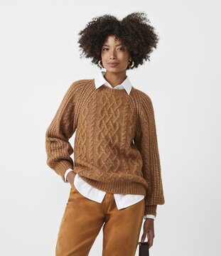 Suéter em Tricô com Manga Bufante e Ponto Diferenciado Marrom