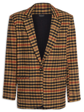 Blazer Curto em Tweed com Estampa Xadrez Pied-de-poule e Manga Bufante Bege