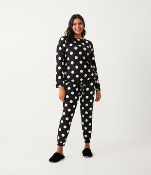 Pijama Longo com Amarração e Estampa Poá Preto