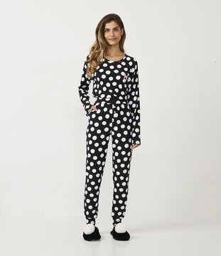 Pijama Longo com Estampa Poá Preto