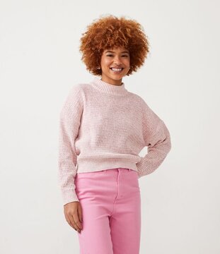 Blusão Suéter em Tricô  Mesclado com Manga Longa com Cava Deslocada Rosa