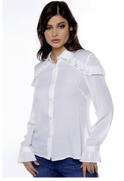 Camisa Branca Feminina Manga Longa com Babado Sob Branco