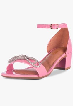 Sandália Feminina Salto Quadrado Grosso Bloco Baixo Laço Cristal Confortável Sapato Festa  elegante Rosa